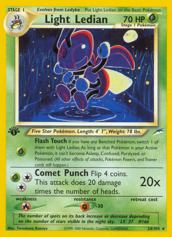 1st Edition Normal, 24, Fighting[-30], Fire[×2], Grass, Neo Destiny 1st Edition, Rare Light Ledian (24/105) [Neo Destiny 1st Edition] - Trading Card World