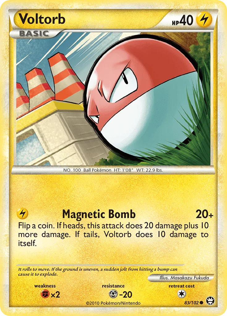 83, Common, Fighting[×2], HeartGold & SoulSilver: Triumphant, Lightning, Metal[-20], Normal, Reverse Holofoil Voltorb (83/102) [HeartGold & SoulSilver: Triumphant] - Trading Card World
