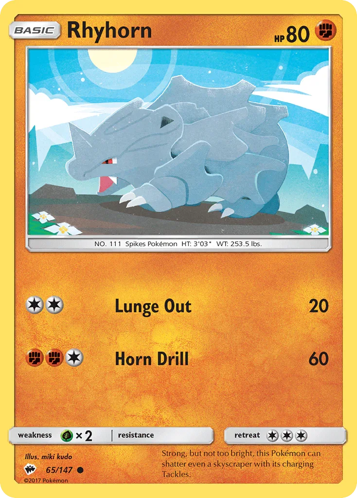 65, Common, Fighting, Grass[×2], Normal, Reverse Holofoil, Sun & Moon: Burning Shadows Rhyhorn (65/147) [Sun & Moon: Burning Shadows] - Trading Card World