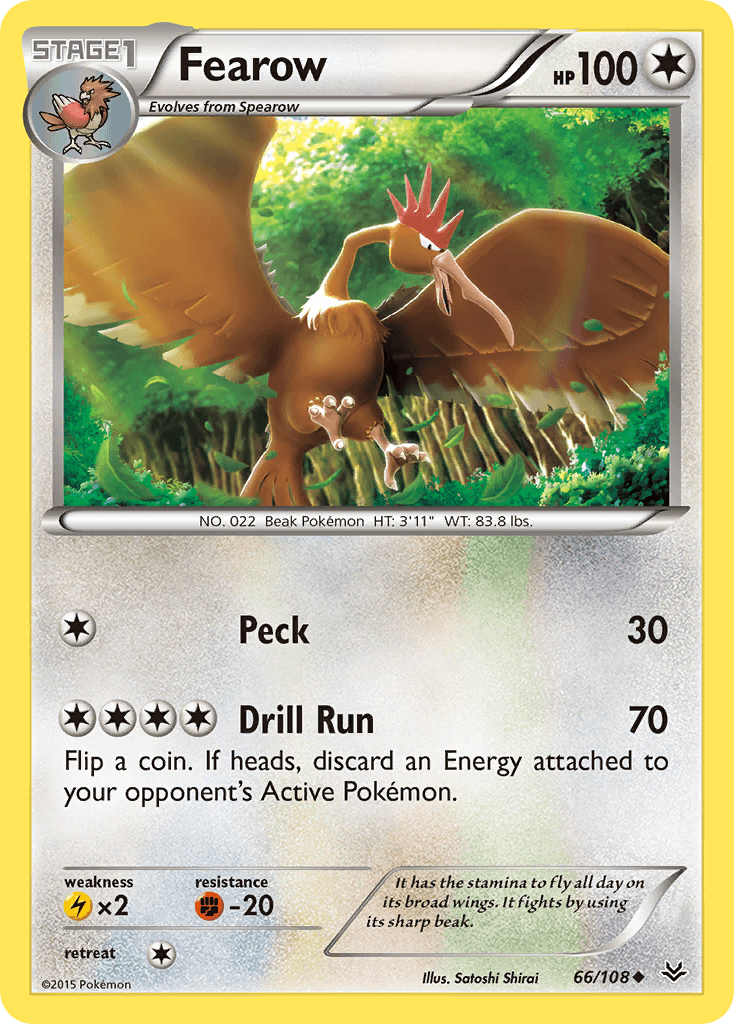 66, Colorless, Fighting[-20], Lightning[×2], Normal, Reverse Holofoil, Uncommon, XY: Roaring Skies Fearow (66/108) [XY: Roaring Skies] - Trading Card World