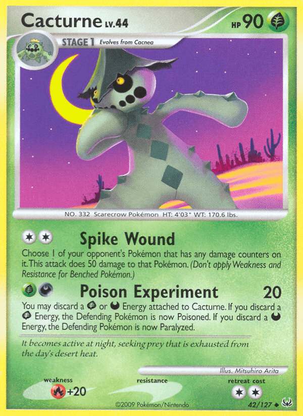 42, Fire[+20], Grass, Normal, Platinum: Base Set, Reverse Holofoil, Uncommon Cacturne (42/127) [Platinum: Base Set] - Trading Card World