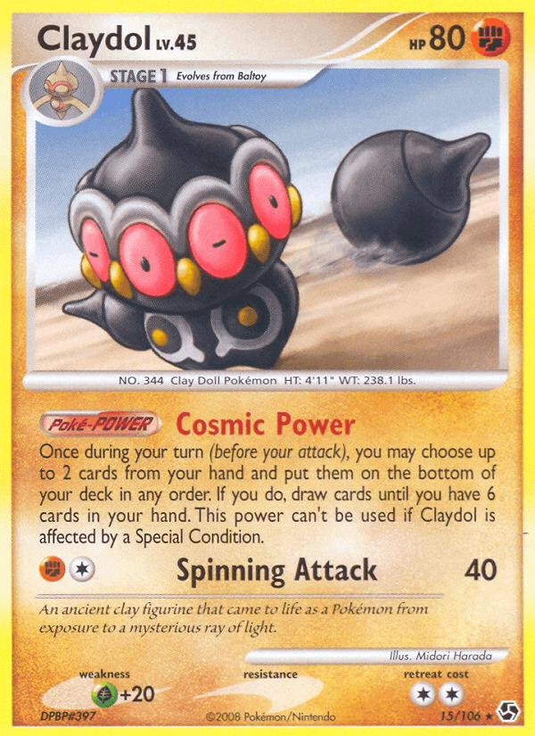15, Diamond & Pearl: Great Encounters, Fighting, Grass[+20], Normal, Rare, Reverse Holofoil Claydol (15/106) [Diamond & Pearl: Great Encounters] - Trading Card World