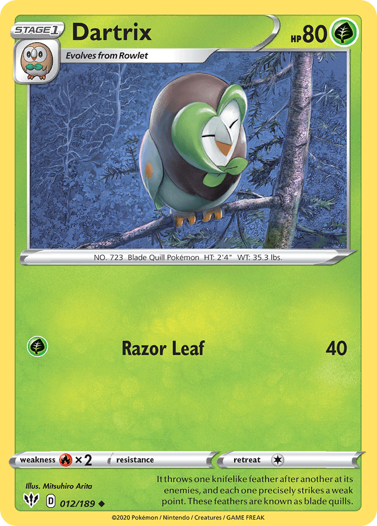 012, Fire[×2], Grass, Normal, Reverse Holofoil, Sword & Shield: Darkness Ablaze, Uncommon Dartrix (012/189) [Sword & Shield: Darkness Ablaze] - Trading Card World
