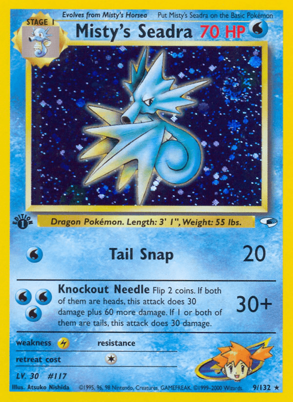1st Edition Holofoil, Gym Heroes 1st Edition, Holo Rare, Lightning[×2], Water Misty's Seadra (9/132) [Gym Heroes 1st Edition] - Trading Card World