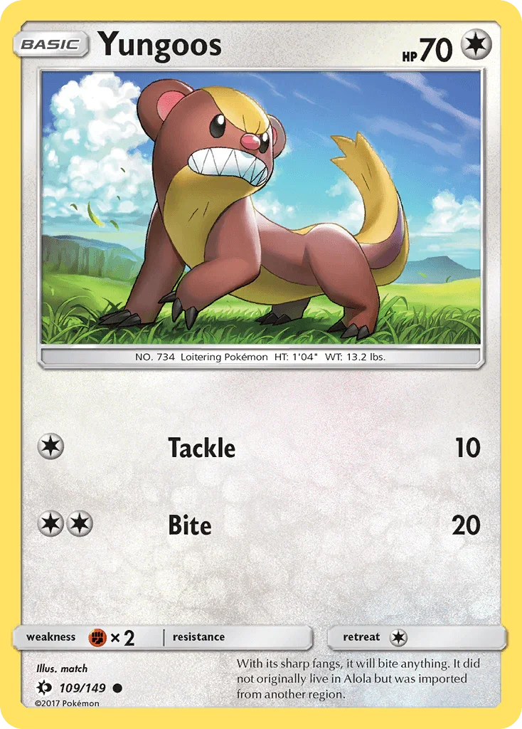 109, Colorless, Common, Fighting[×2], Normal, Reverse Holofoil, Sun & Moon: Base Set Yungoos (109/149) [Sun & Moon: Base Set] - Trading Card World