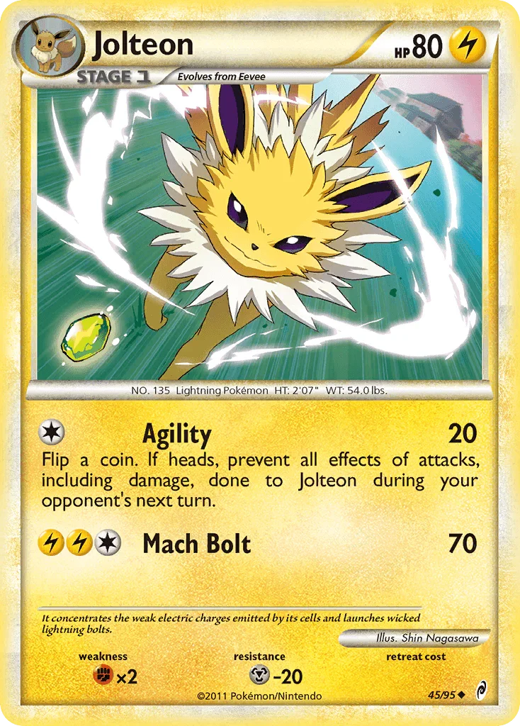 45, Fighting[×2], HeartGold & SoulSilver: Call of Legends, Lightning, Metal[-20], Normal, Reverse Holofoil, Uncommon Jolteon (45/95) [HeartGold & SoulSilver: Call of Legends] - Trading Card World