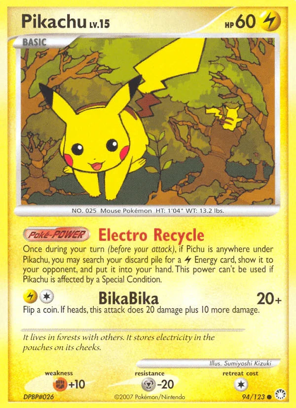 94, Common, Diamond & Pearl: Mysterious Treasures, Fighting[+10], Lightning, Metal[-20], Normal, Reverse Holofoil Pikachu (94/123) [Diamond & Pearl: Mysterious Treasures] - Trading Card World