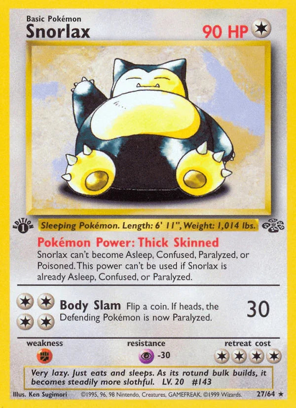1st Edition Normal, 27, Colorless, Fighting[×2], Jungle 1st Edition, Psychic[-30], Rare Snorlax (27/64) [Jungle 1st Edition] - Trading Card World