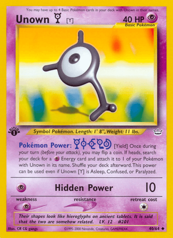 1st Edition Normal, 40, Neo Revelation 1st Edition, Psychic, Psychic[×2], Uncommon Unown [Y] (40/64) [Neo Revelation 1st Edition] - Trading Card World