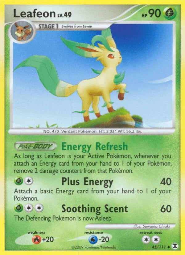 45, Fire[+20], Grass, Normal, Platinum: Rising Rivals, Reverse Holofoil, Uncommon, Water[-20] Leafeon (45/111) [Platinum: Rising Rivals] - Trading Card World