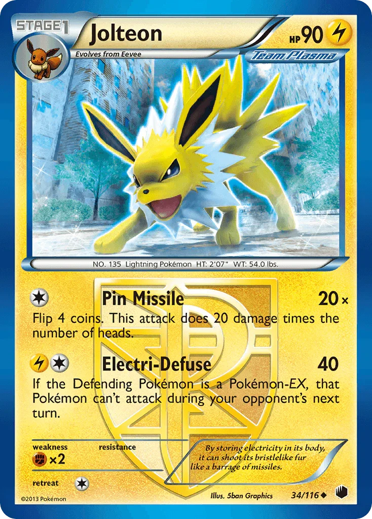 34, Black & White: Plasma Freeze, Fighting[×2], Lightning, Normal, Reverse Holofoil, Uncommon Jolteon (34/116) [Black & White: Plasma Freeze] - Trading Card World