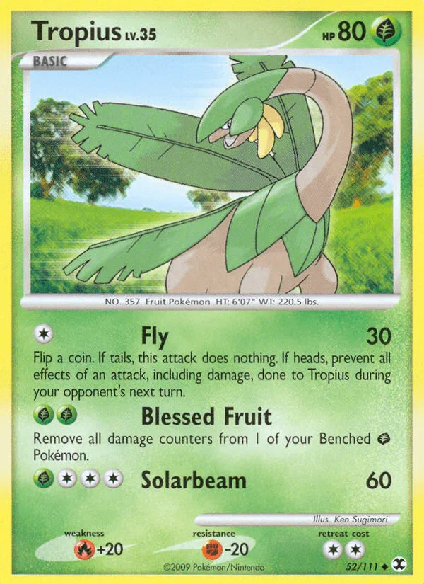 52, Fighting[-20], Fire[+20], Grass, Normal, Platinum: Rising Rivals, Reverse Holofoil, Uncommon Tropius (52/111) [Platinum: Rising Rivals] - Trading Card World