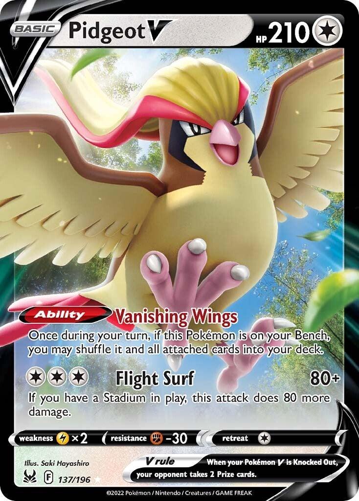 137, Colorless, Fighting [-30], Holofoil, Lightning [x2], Sword & Shield: Lost Origin, Ultra Rare Pidgeot V (137/196) [Sword & Shield: Lost Origin] - Trading Card World