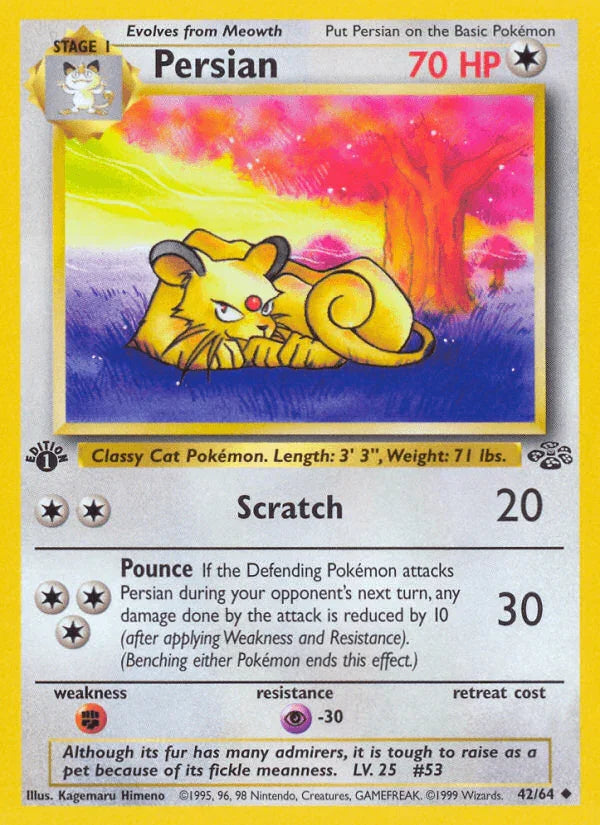 1st Edition Normal, 42, Colorless, Fighting[×2], Jungle 1st Edition, Psychic[-30], Uncommon Persian (42/64) [Jungle 1st Edition] - Trading Card World