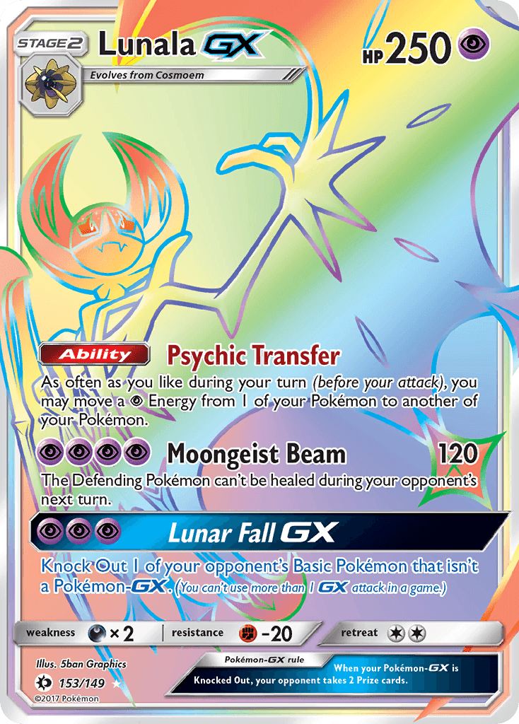 153, Darkness[×2], Fighting[-20], Holofoil, Psychic, Secret Rare, Sun & Moon: Base Set Lunala GX (153/149) [Sun & Moon: Base Set] - Trading Card World