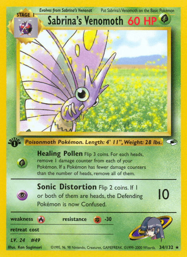 1st Edition Normal, 34, Fighting[-30], Fire[×2], Grass, Gym Heroes 1st Edition, Rare Sabrina's Venomoth (34/132) [Gym Heroes 1st Edition] - Trading Card World