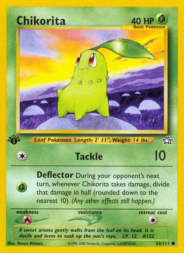 1st Edition Normal, 53, Common, Fire[×2], Grass, Neo Genesis 1st Edition Chikorita (53/111) [Neo Genesis 1st Edition] - Trading Card World