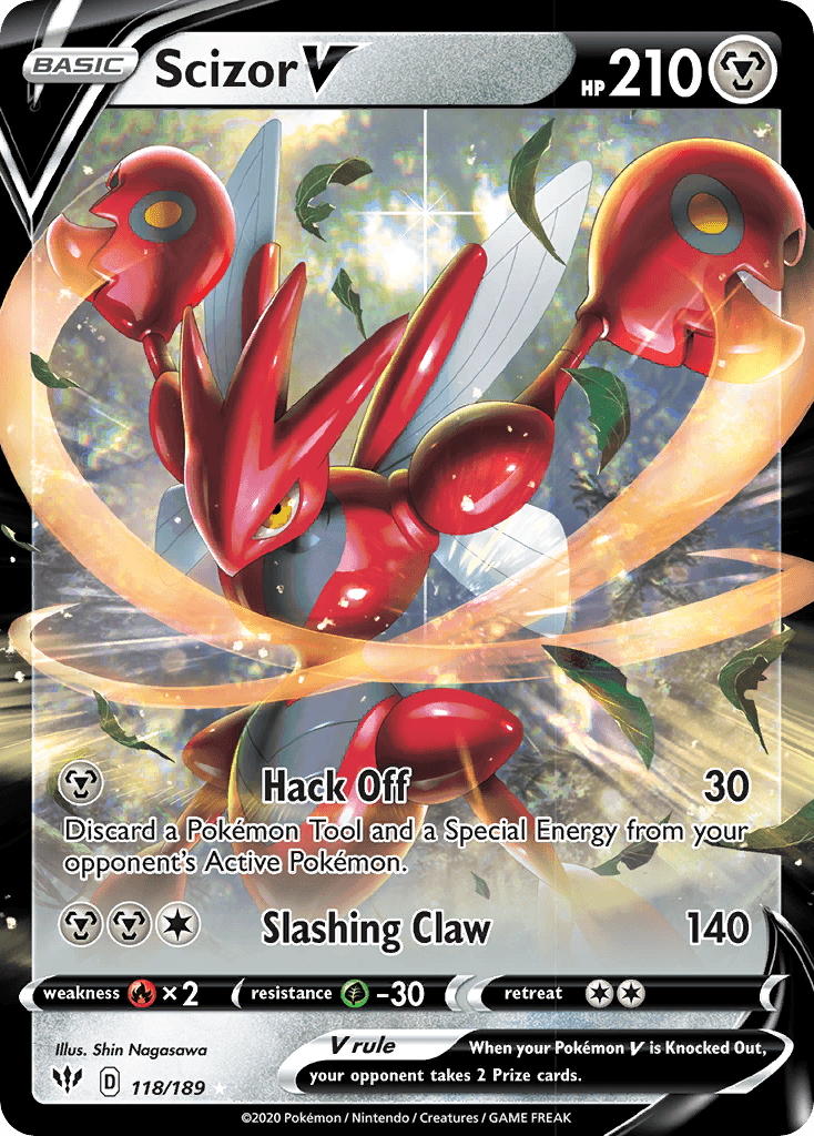 118, Fire[×2], Grass[-30], Holofoil, Metal, Sword & Shield: Darkness Ablaze, Ultra Rare Scizor V (118/189) [Sword & Shield: Darkness Ablaze] - Trading Card World