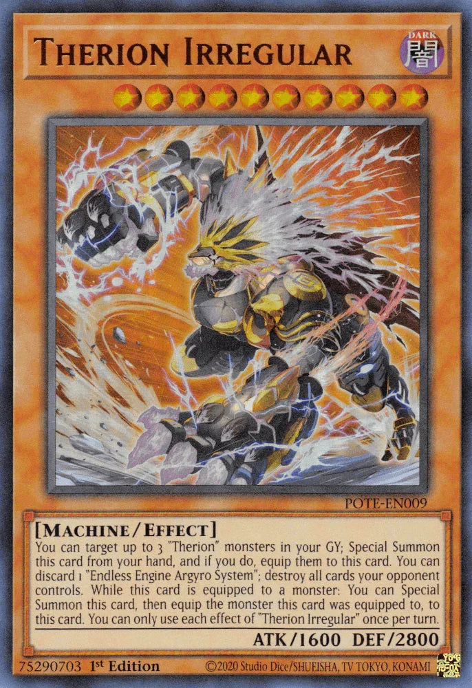 1st Edition, Dark, Effect Monster, Machine, Power of the Elements, Ultra Rare, Unlimited Therion Irregular [POTE-EN009] Ultra Rare - Trading Card World