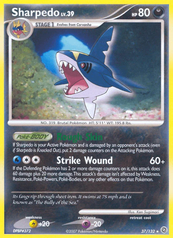 37, Darkness, Diamond & Pearl: Secret Wonders, Lightning[+20], Normal, Psychic[-20], Rare, Reverse Holofoil Sharpedo (37/132) [Diamond & Pearl: Secret Wonders] - Trading Card World