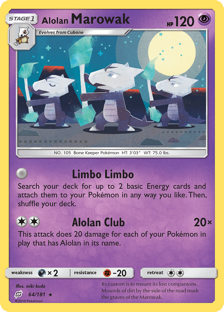 64, Darkness[×2], Fighting[-20], Normal, Psychic, Rare, Reverse Holofoil, Sun & Moon: Team Up Alolan Marowak (64/181) [Sun & Moon: Team Up] - Trading Card World