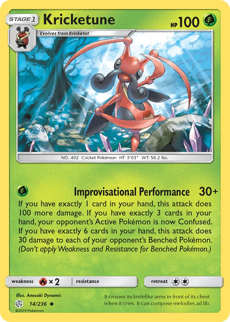 14, Fire[×2], Grass, Normal, Reverse Holofoil, Sun & Moon: Cosmic Eclipse, Uncommon Kricketune (14/236) [Sun & Moon: Cosmic Eclipse] - Trading Card World