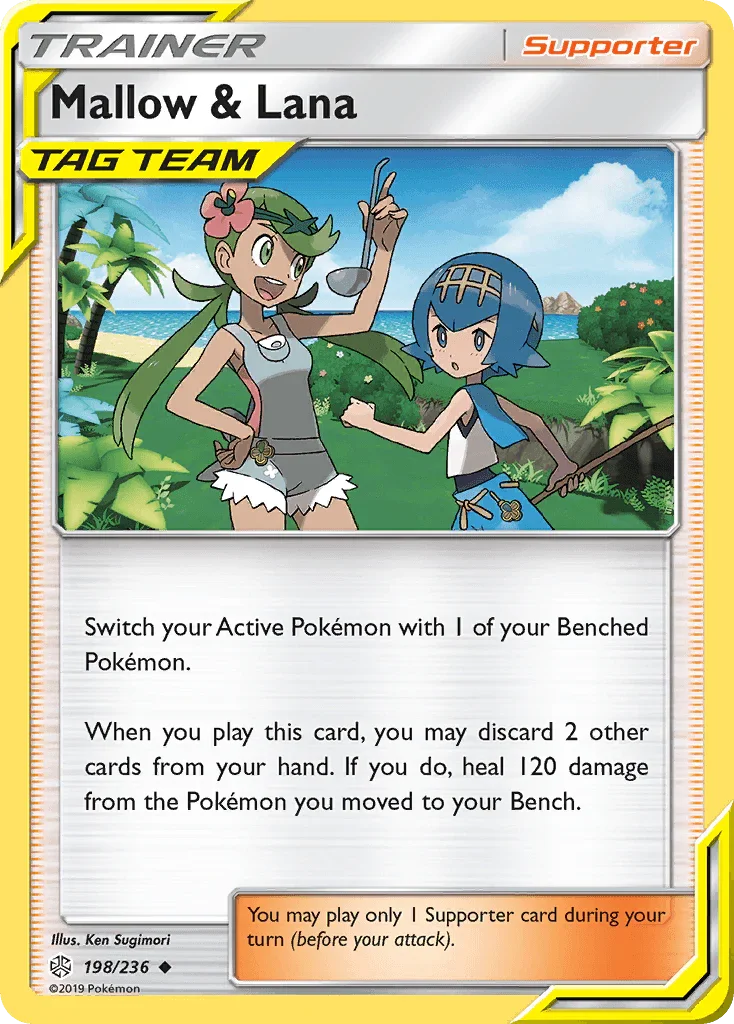 198, Normal, Reverse Holofoil, Sun & Moon: Cosmic Eclipse, Supporter, Uncommon Mallow & Lana (198/236) [Sun & Moon: Cosmic Eclipse] - Trading Card World
