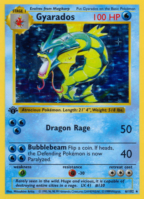 1st Edition Holofoil, Base Set 1st Edition, Fighting[-30], Grass[×2], Holo Rare, Water Gyarados (6/102) (Shadowless) [Base Set 1st Edition] - Trading Card World