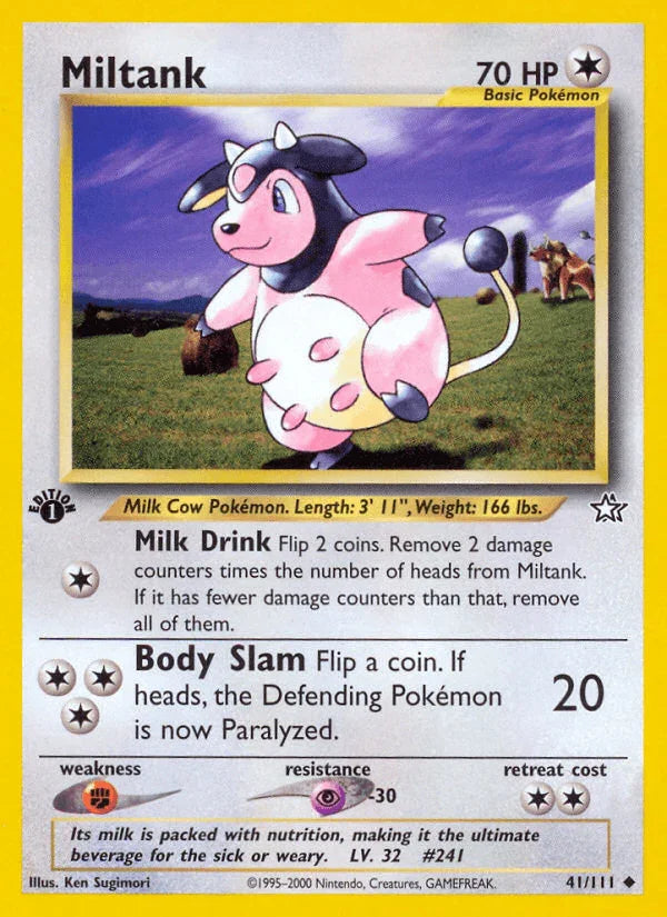 1st Edition Normal, 41, Colorless, Fighting[×2], Neo Genesis 1st Edition, Psychic[-30], Uncommon Miltank (41/111) [Neo Genesis 1st Edition] - Trading Card World