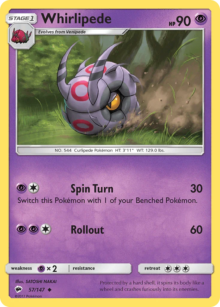 57, Normal, Psychic, Psychic[×2], Reverse Holofoil, Sun & Moon: Burning Shadows, Uncommon Whirlipede (57/147) [Sun & Moon: Burning Shadows] - Trading Card World