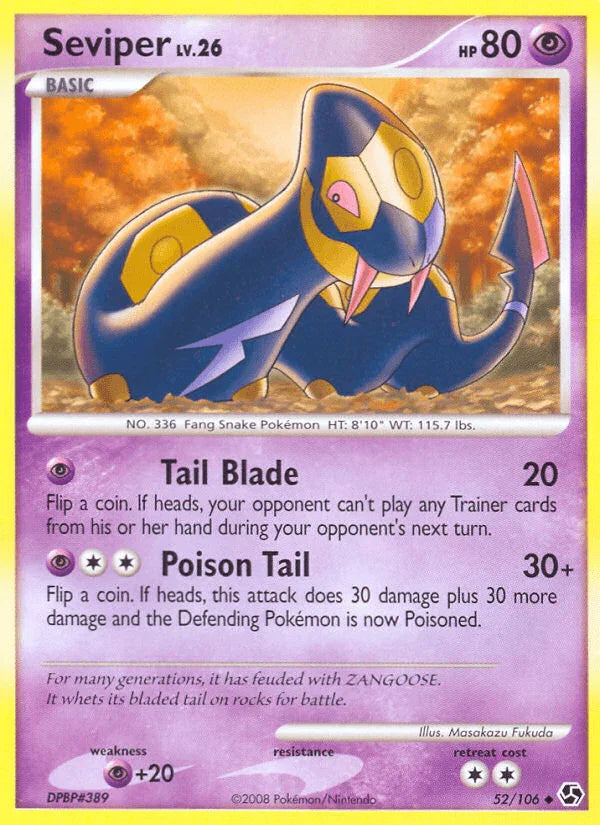 52, Diamond & Pearl: Great Encounters, Normal, Psychic, Psychic[+20], Reverse Holofoil, Uncommon Seviper (52/106) [Diamond & Pearl: Great Encounters] - Trading Card World