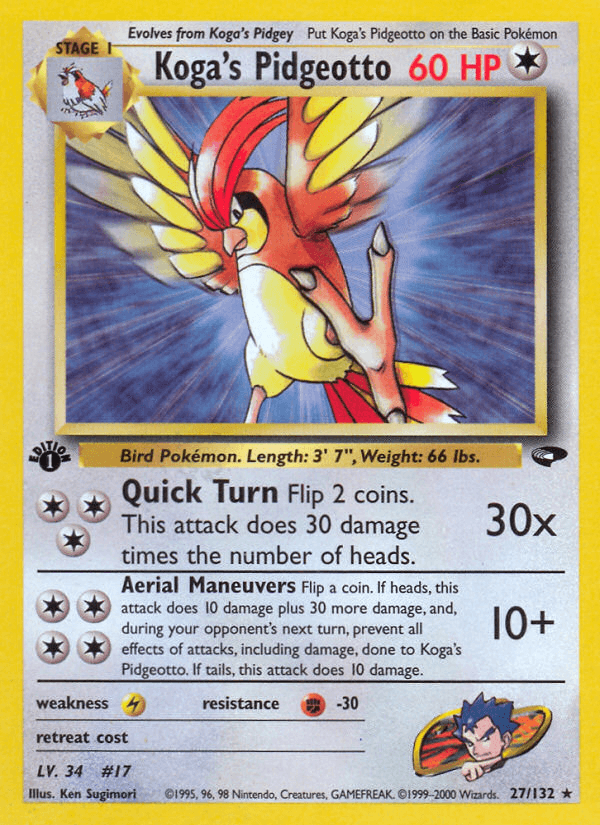 1st Edition Normal, 27, Colorless, Fighting[-30], Gym Challenge 1st Edition, Lightning[×2], Rare Koga's Pidgeotto (27/132) [Gym Challenge 1st Edition] - Trading Card World