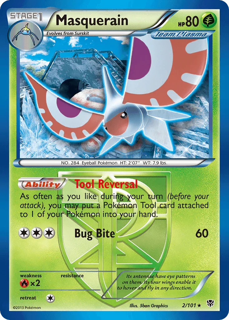 Black & White: Plasma Blast, Fire[×2], Grass, Normal, Rare, Reverse Holofoil Masquerain (2/101) [Black & White: Plasma Blast] - Trading Card World