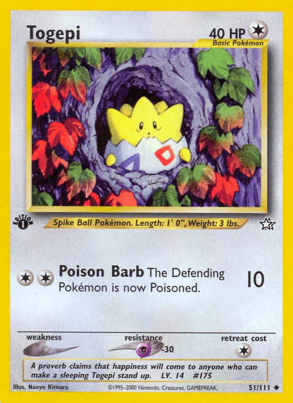 1st Edition Normal, 51, Colorless, Neo Genesis 1st Edition, Psychic[-30], Uncommon Togepi (51/111) [Neo Genesis 1st Edition] - Trading Card World