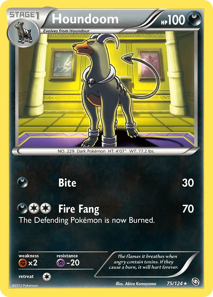 75, Black & White: Dragons Exalted, Darkness, Fighting[×2], Normal, Psychic[-20], Rare, Reverse Holofoil Houndoom (75/124) [Black & White: Dragons Exalted] - Trading Card World