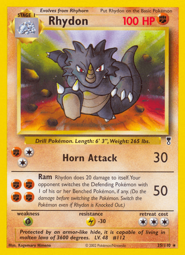 35, Fighting, Grass[×2], Legendary Collection, Lightning[-30], Normal, Rare, Reverse Holofoil Rhydon (35/110) [Legendary Collection] - Trading Card World