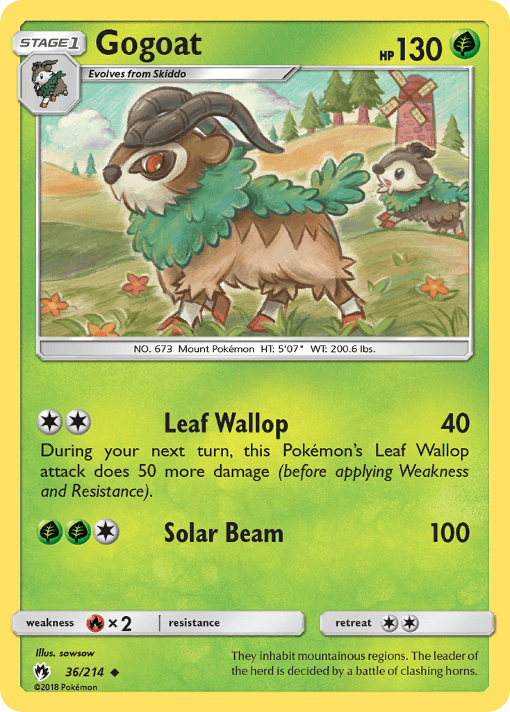 36, Fire[×2], Grass, Normal, Reverse Holofoil, Sun & Moon: Lost Thunder, Uncommon Gogoat (36/214) [Sun & Moon: Lost Thunder] - Trading Card World