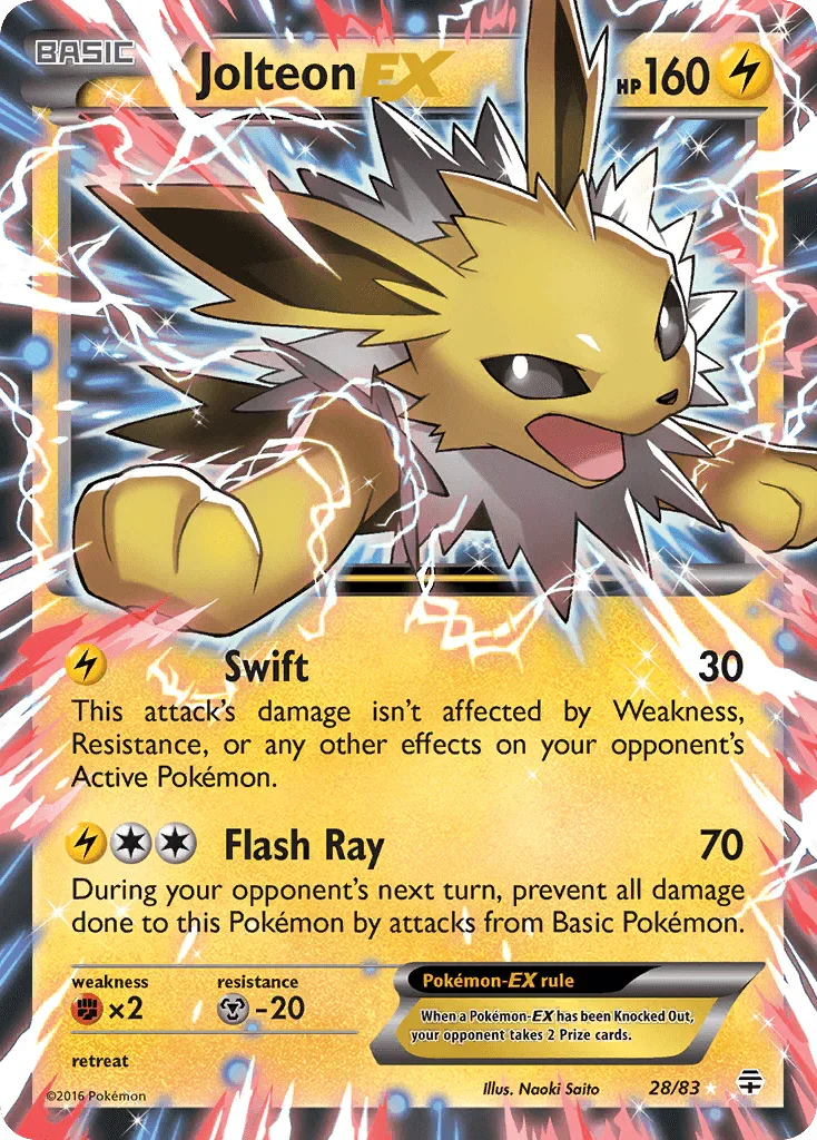 28, Fighting[×2], Holofoil, Lightning, Metal[-20], Ultra Rare, XY: Generations Jolteon EX (28/83) [XY: Generations] - Trading Card World