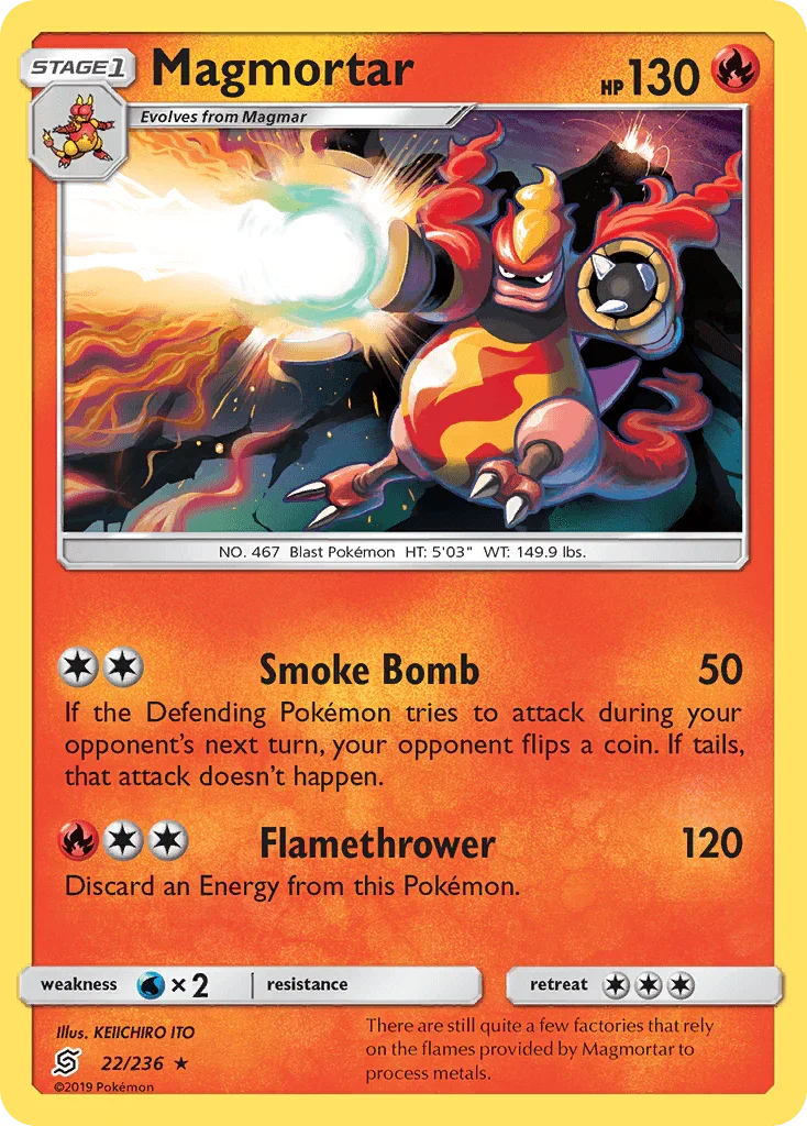 22, Fire, Normal, Rare, Reverse Holofoil, Sun & Moon: Unified Minds, Water[×2] Magmortar (22/236) [Sun & Moon: Unified Minds] - Trading Card World