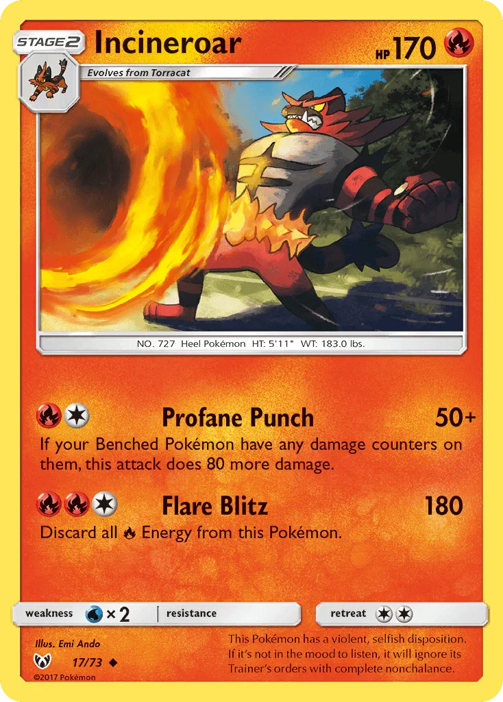 17, Fire, Normal, Reverse Holofoil, Sun & Moon: Shining Legends, Uncommon, Water[×2] Incineroar (17/73) [Sun & Moon: Shining Legends] - Trading Card World