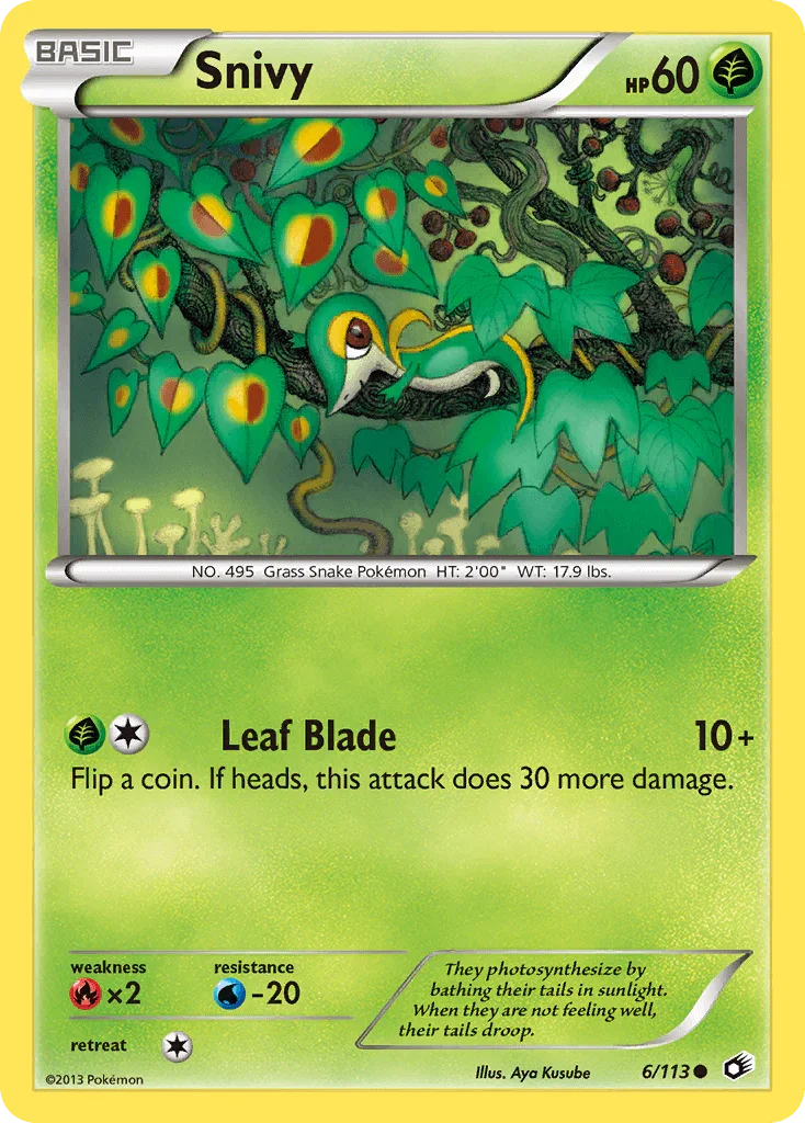 Black & White: Legendary Treasures, Common, Fire[×2], Grass, Normal, Reverse Holofoil, Water[-20] Snivy (6/113) [Black & White: Legendary Treasures] - Trading Card World
