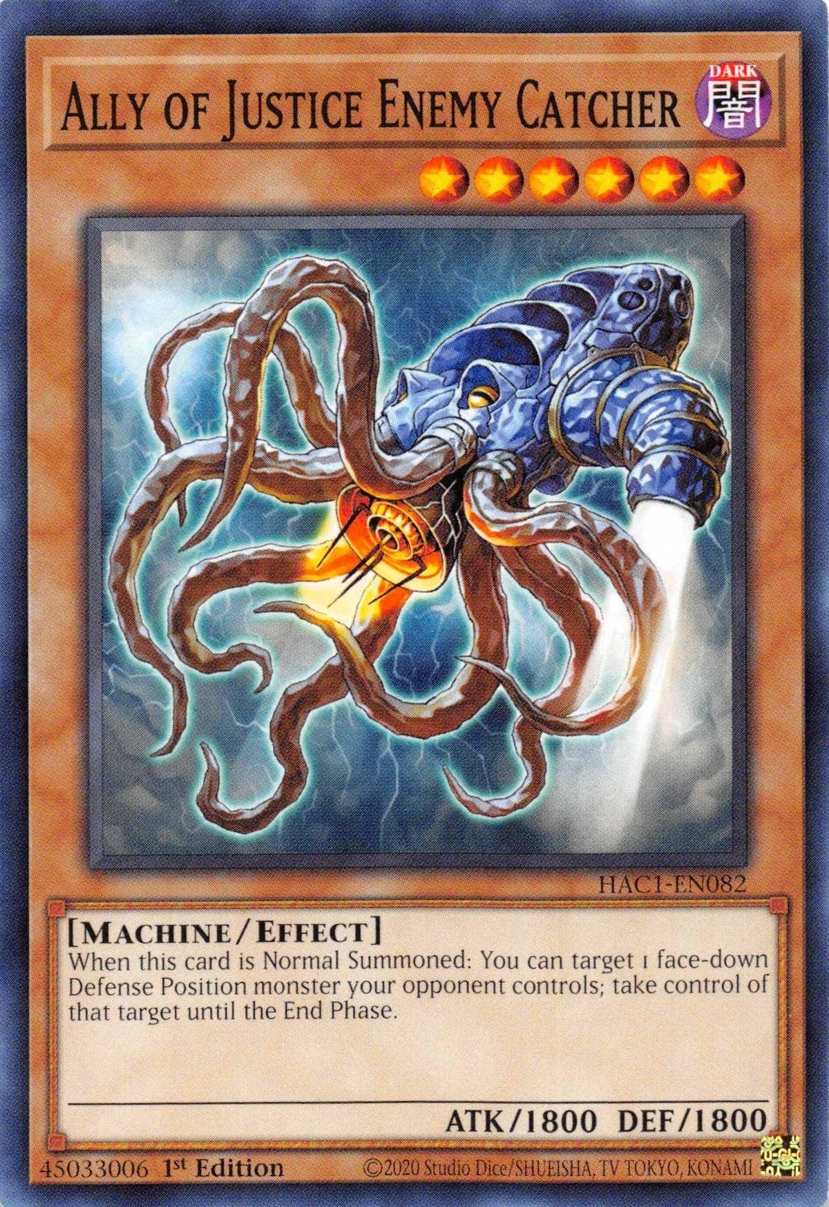 1st Edition, Common, Dark, Effect Monster, Hidden Arsenal: Chapter 1, Machine Ally of Justice Enemy Catcher [HAC1-EN082] Common - Trading Card World