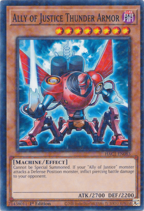 1st Edition, Common, Dark, Effect Monster, Hidden Arsenal: Chapter 1, Machine Ally of Justice Thunder Armor (Duel Terminal) [HAC1-EN083] Common - Trading Card World