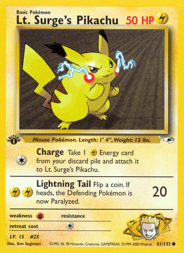 1st Edition Normal, 81, Common, Fighting[×2], Gym Heroes 1st Edition, Lightning Lt. Surge's Pikachu (81/132) [Gym Heroes 1st Edition] - Trading Card World