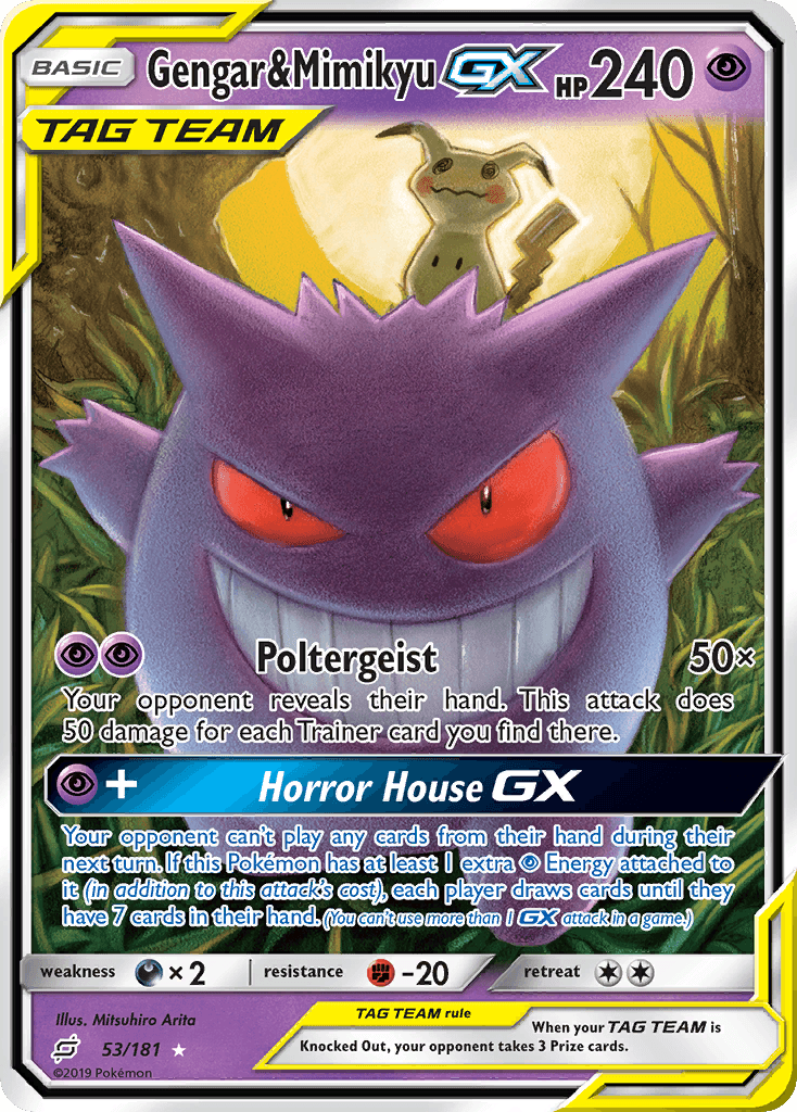 53, Darkness[×2], Fighting[-20], Holofoil, Psychic, Sun & Moon: Team Up, Ultra Rare Gengar & Mimikyu GX (53/181) [Sun & Moon: Team Up] - Trading Card World