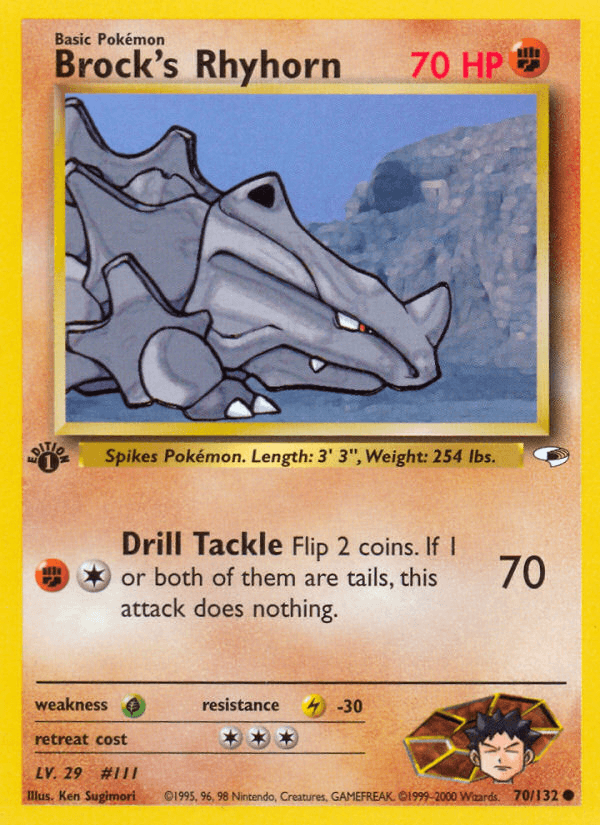 1st Edition Normal, 70, Common, Fighting, Grass[×2], Gym Heroes 1st Edition, Lightning[-30] Brock's Rhyhorn (70/132) [Gym Heroes 1st Edition] - Trading Card World