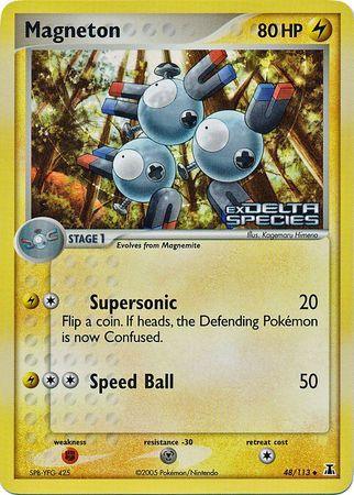 48, EX: Delta Species, Fighting[×2], Lightning, Metal[-30], Reverse Holofoil, Uncommon Magneton (48/113) (Stamped) [EX: Delta Species] - Trading Card World