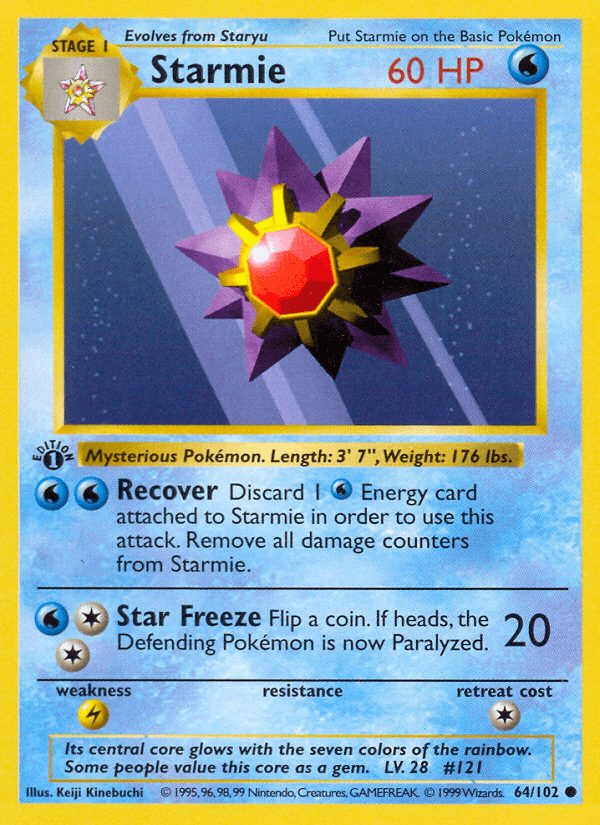 1st Edition Normal, 64, Base Set 1st Edition, Common, Lightning[×2], Water Starmie (64/102) (Shadowless) [Base Set 1st Edition] - Trading Card World