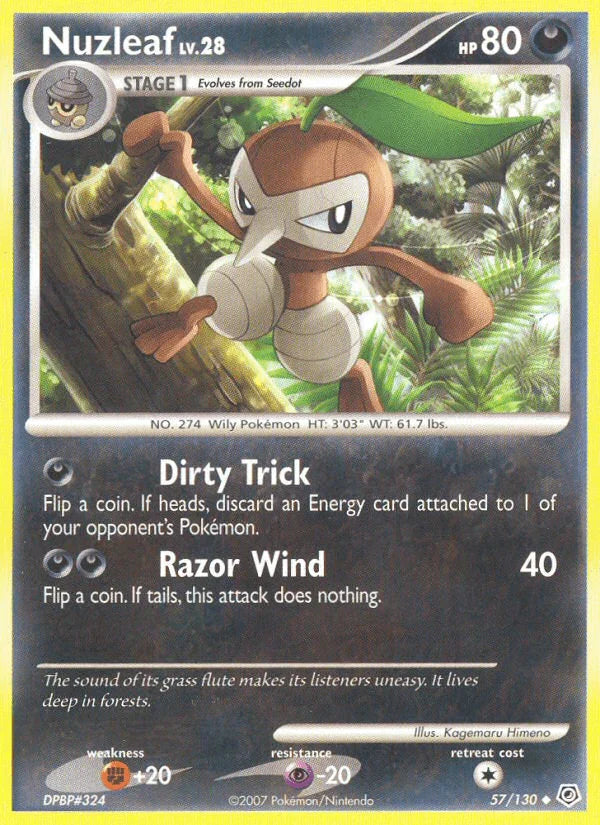 57, Darkness, Diamond & Pearl: Base Set, Fighting[+20], Normal, Psychic[-20], Reverse Holofoil, Uncommon Nuzleaf (57/130) [Diamond & Pearl: Base Set] - Trading Card World