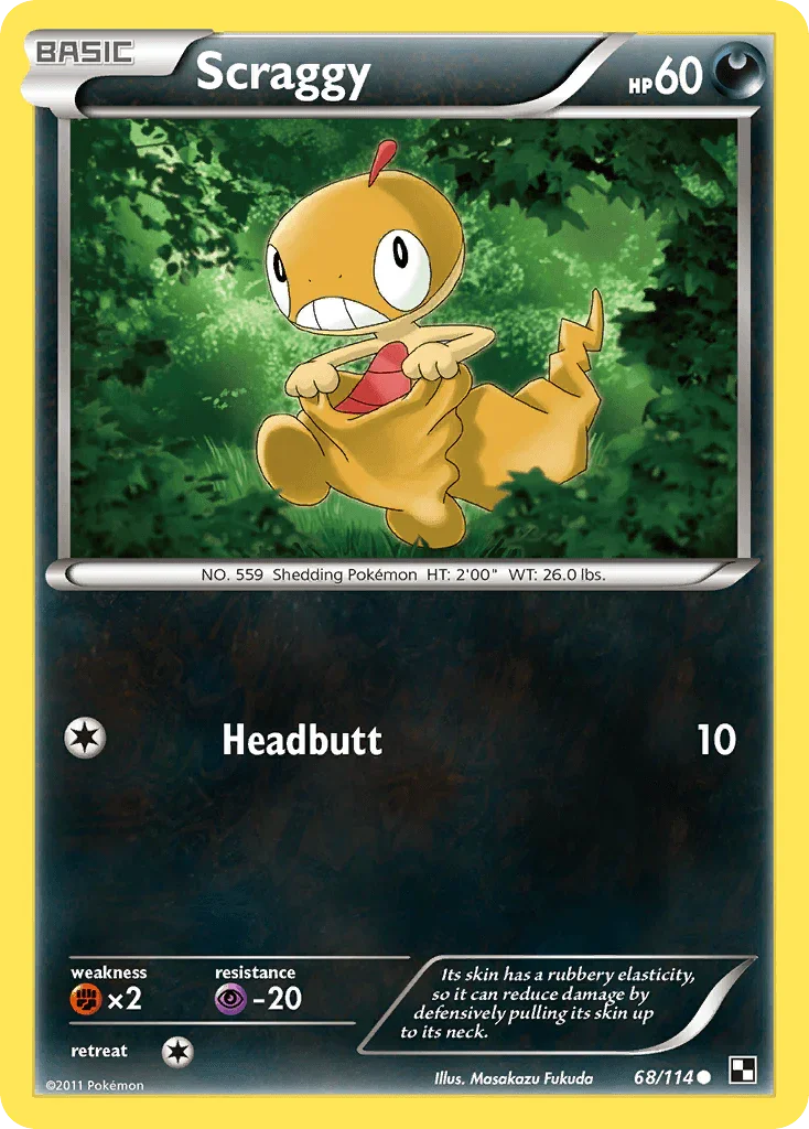 68, Black & White: Base Set, Common, Darkness, Fighting[×2], Normal, Psychic[-20], Reverse Holofoil Scraggy (68/114) [Black & White: Base Set] - Trading Card World